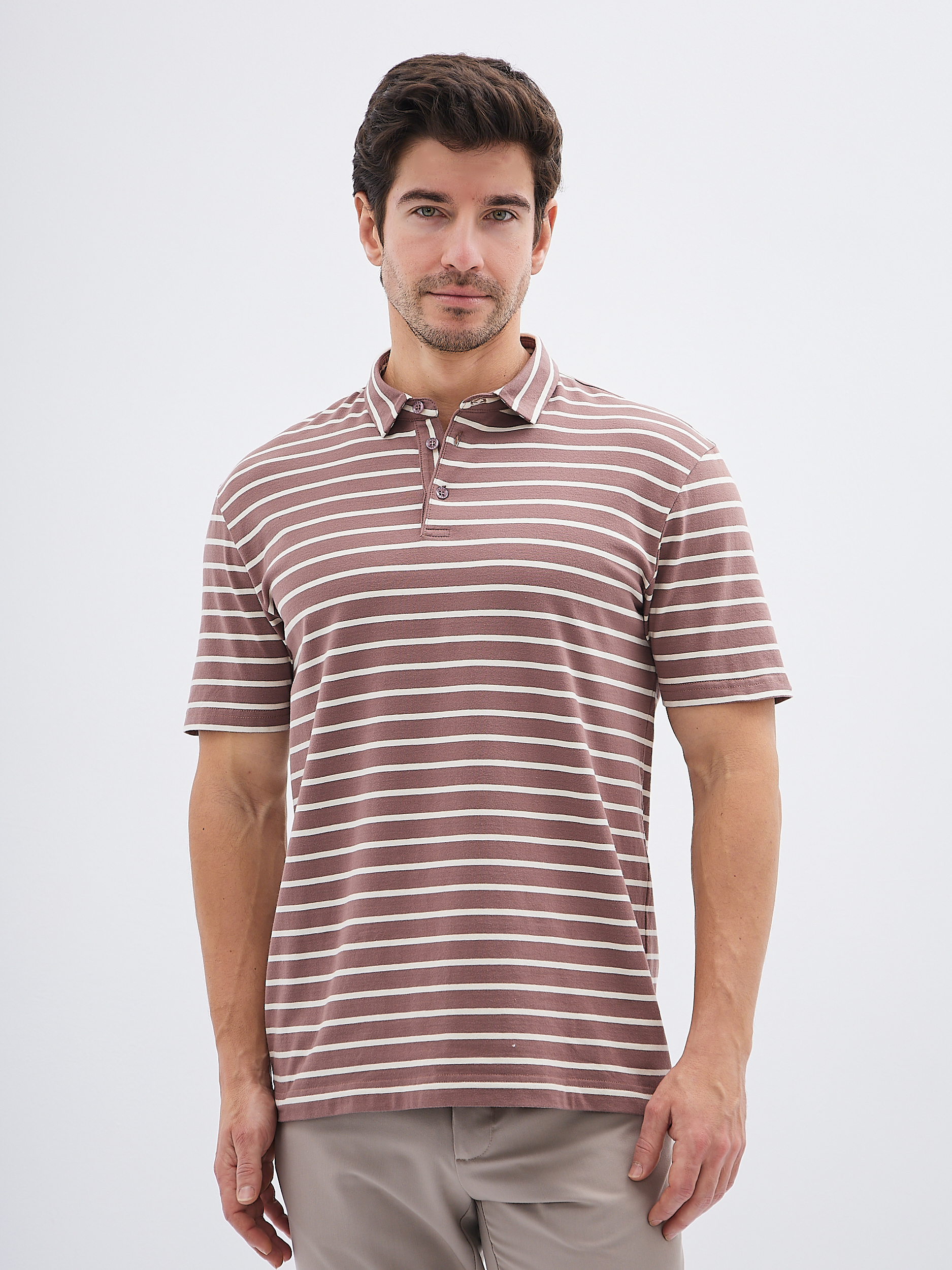 G144-KD-HJ-02-4T (экрю полоска) Джемпер мужской с воротником поло короткий рукав