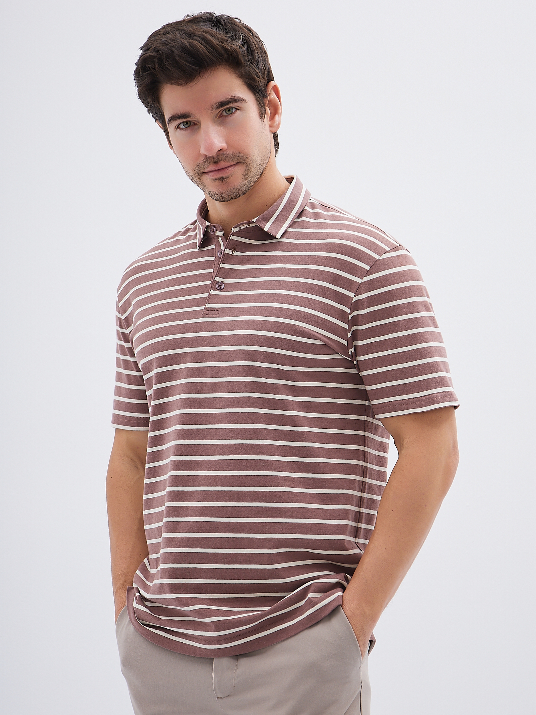 G144-KD-HJ-02-4T (экрю полоска) Джемпер мужской с воротником поло короткий рукав