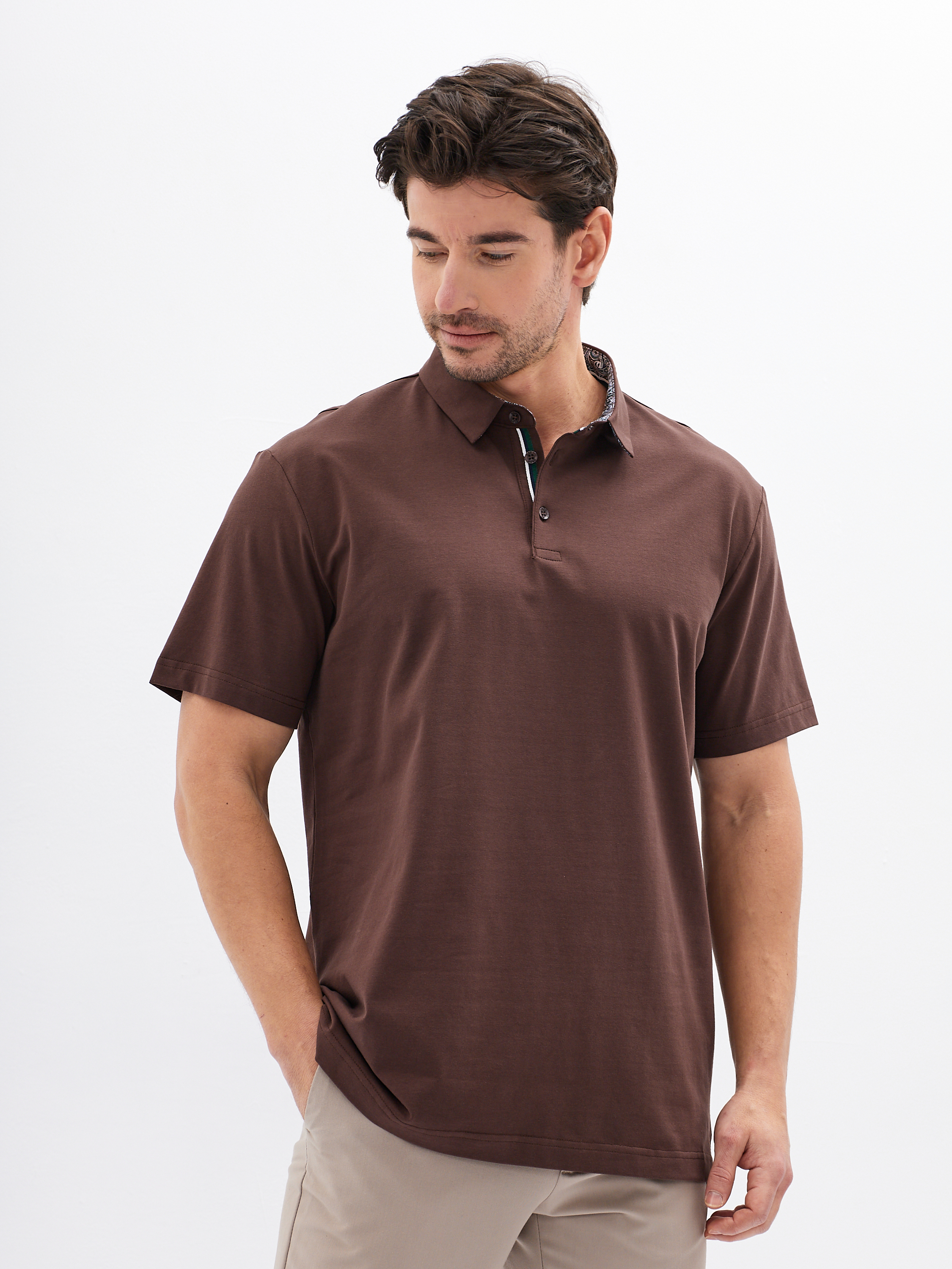 G144-KO-HJ-70027-1246T (коричневый) Джемпер мужской с воротником поло короткий рукав