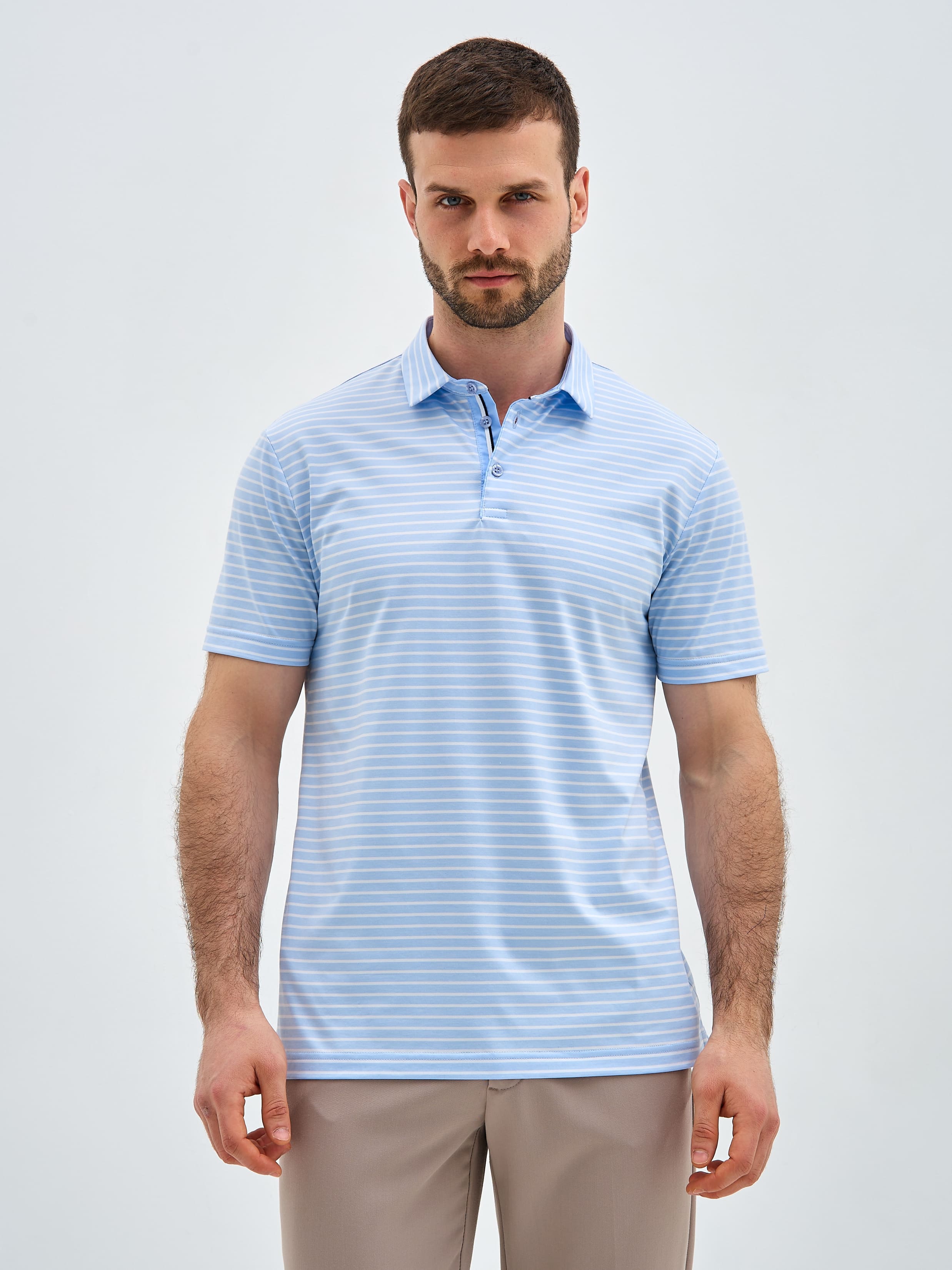 G144-PD1246T-LT0110 (голубой) Джемпер мужской с воротником поло короткий рукав