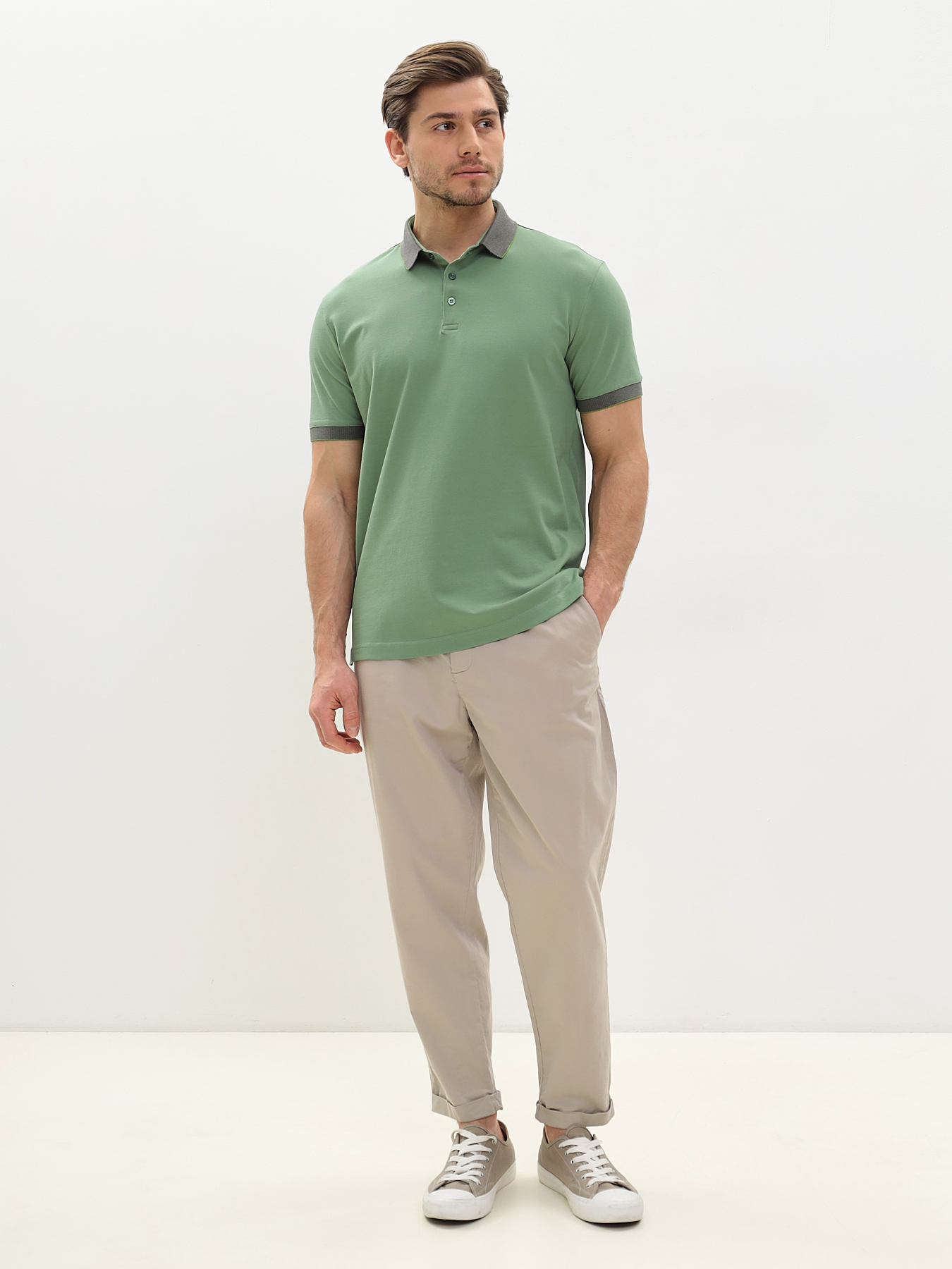 G144V-PO34T-SA2096 (хаки) Джемпер мужской с воротником поло короткий рукав