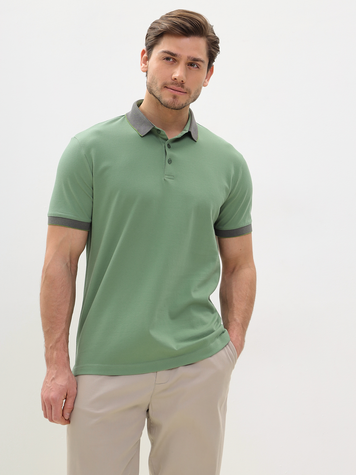 G144V-PO34T-SA2096 (хаки) Джемпер мужской с воротником поло короткий рукав