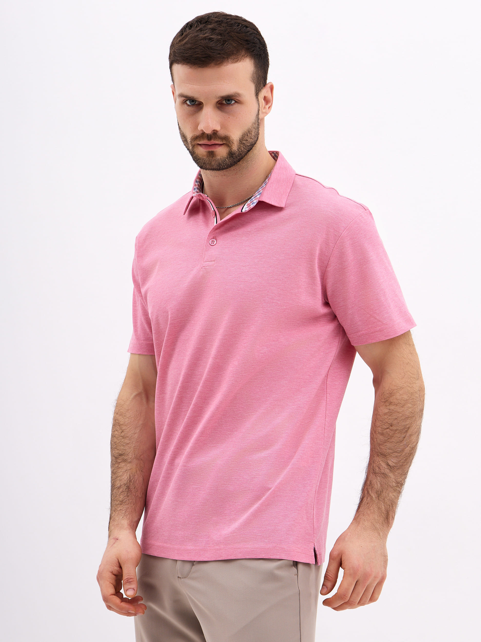 G144-PM124T-LT1393-1 (розовый) Джемпер мужской с воротником поло короткий рукав