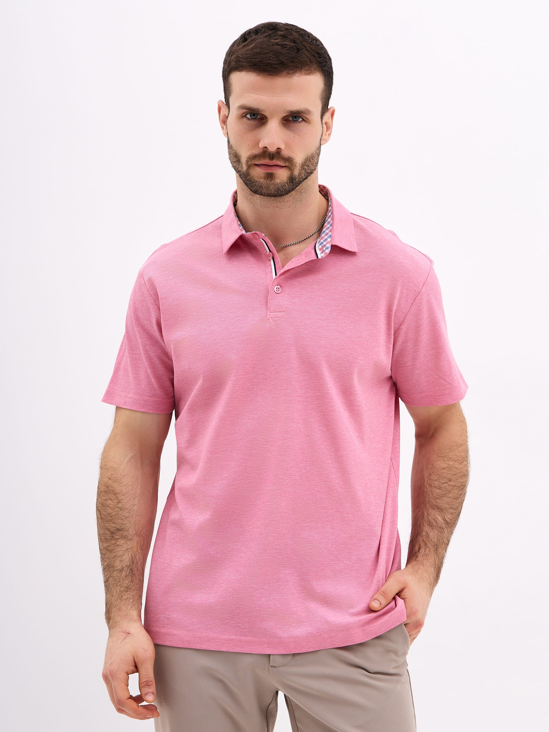 G144-PM124T-LT1393-1 (розовый) Джемпер мужской с воротником поло короткий рукав