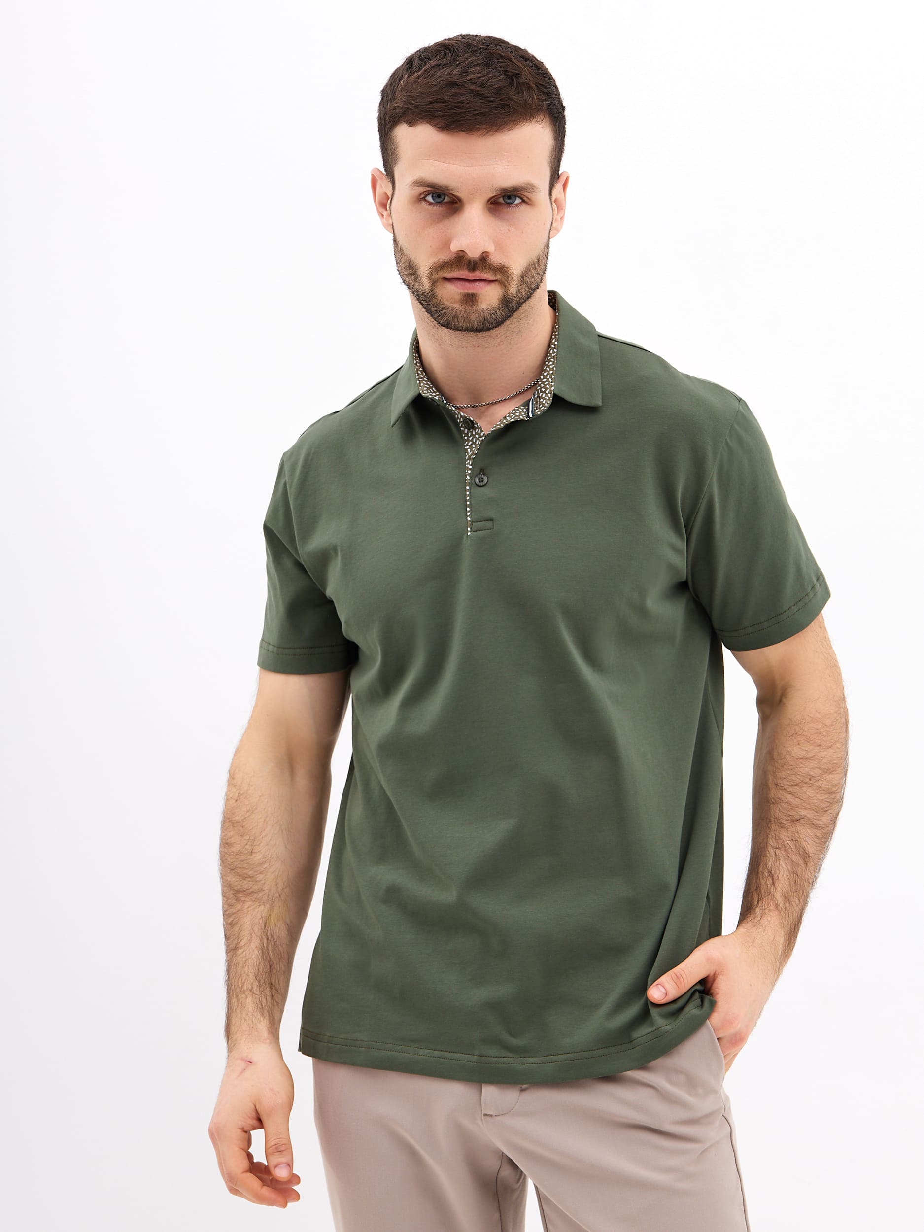 G144-KO1246T-SAS5094 (хаки) Джемпер мужской с воротником поло короткий рукав
