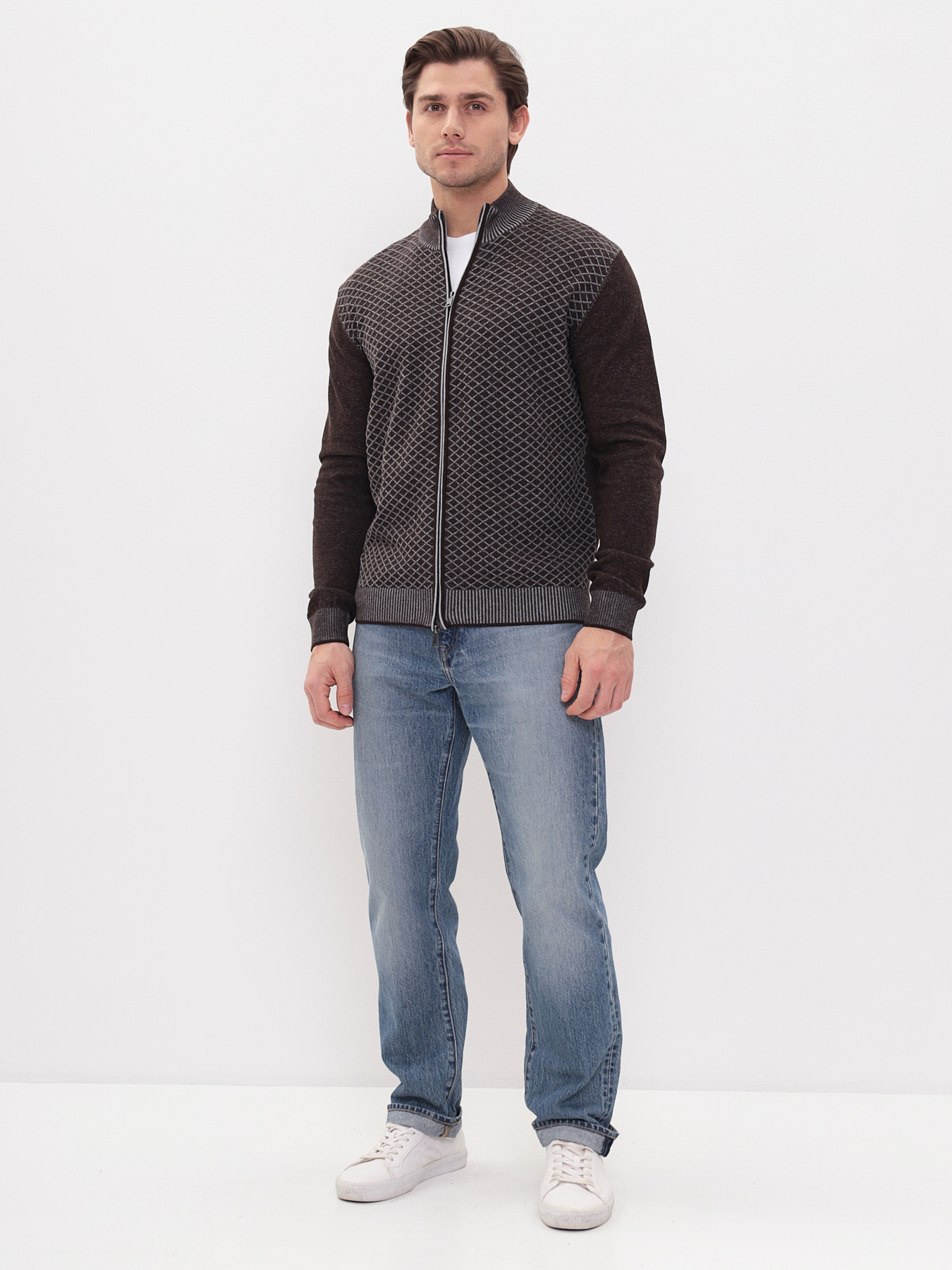 G139-14С ромб (коричн./серый) Кардиган мужской