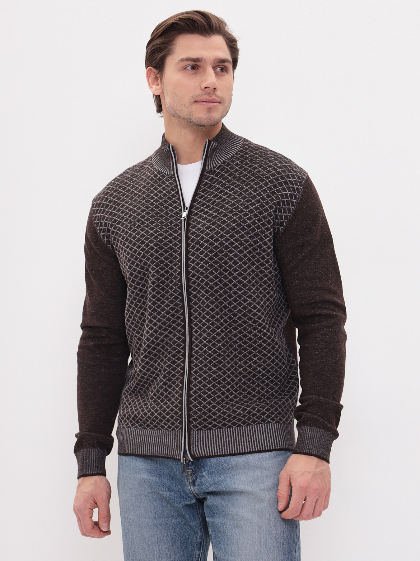 G139-14С ромб (коричн./серый) Кардиган мужской