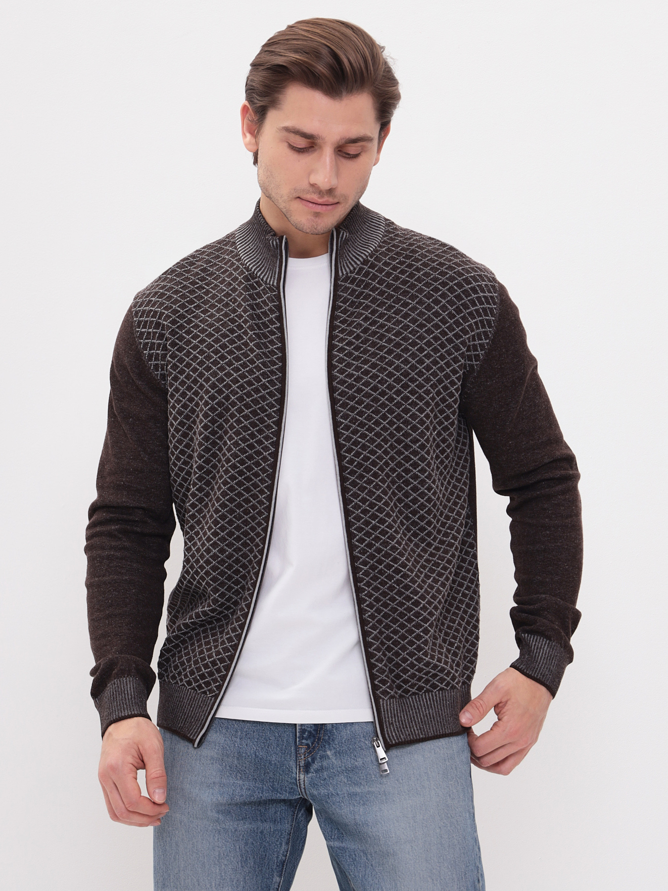 G139-14С ромб (коричн./серый) Кардиган мужской