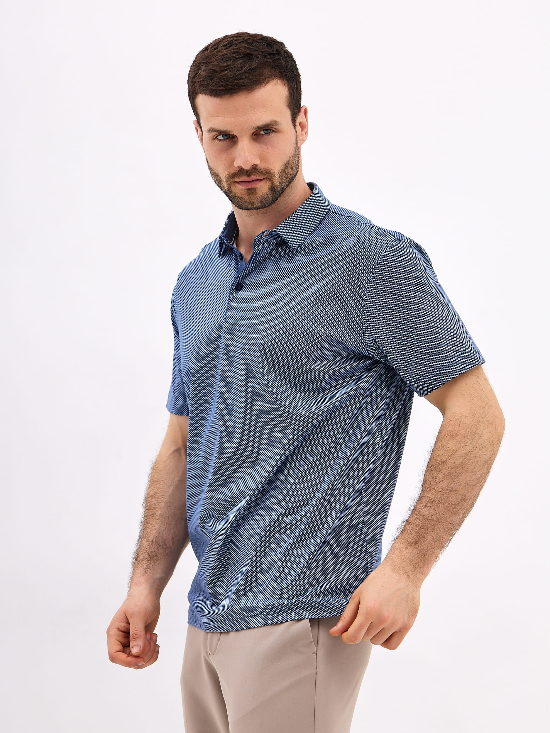 G144-TD124T-LT4617 (синий) Джемпер мужской с воротником поло короткий рукав