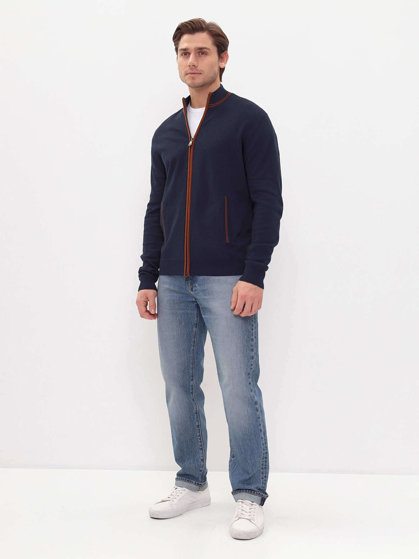 G139-68РС акцент (т.синий/охра) Кардиган мужской