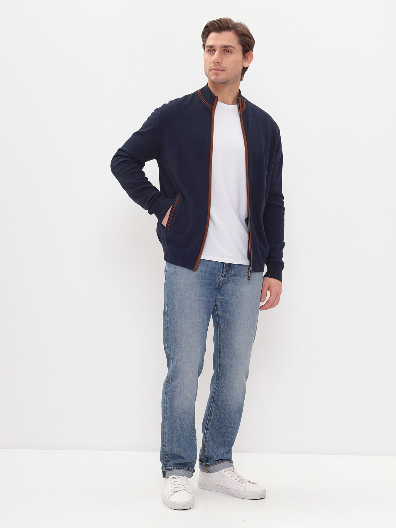 G139-68РС акцент (т.синий/охра) Кардиган мужской