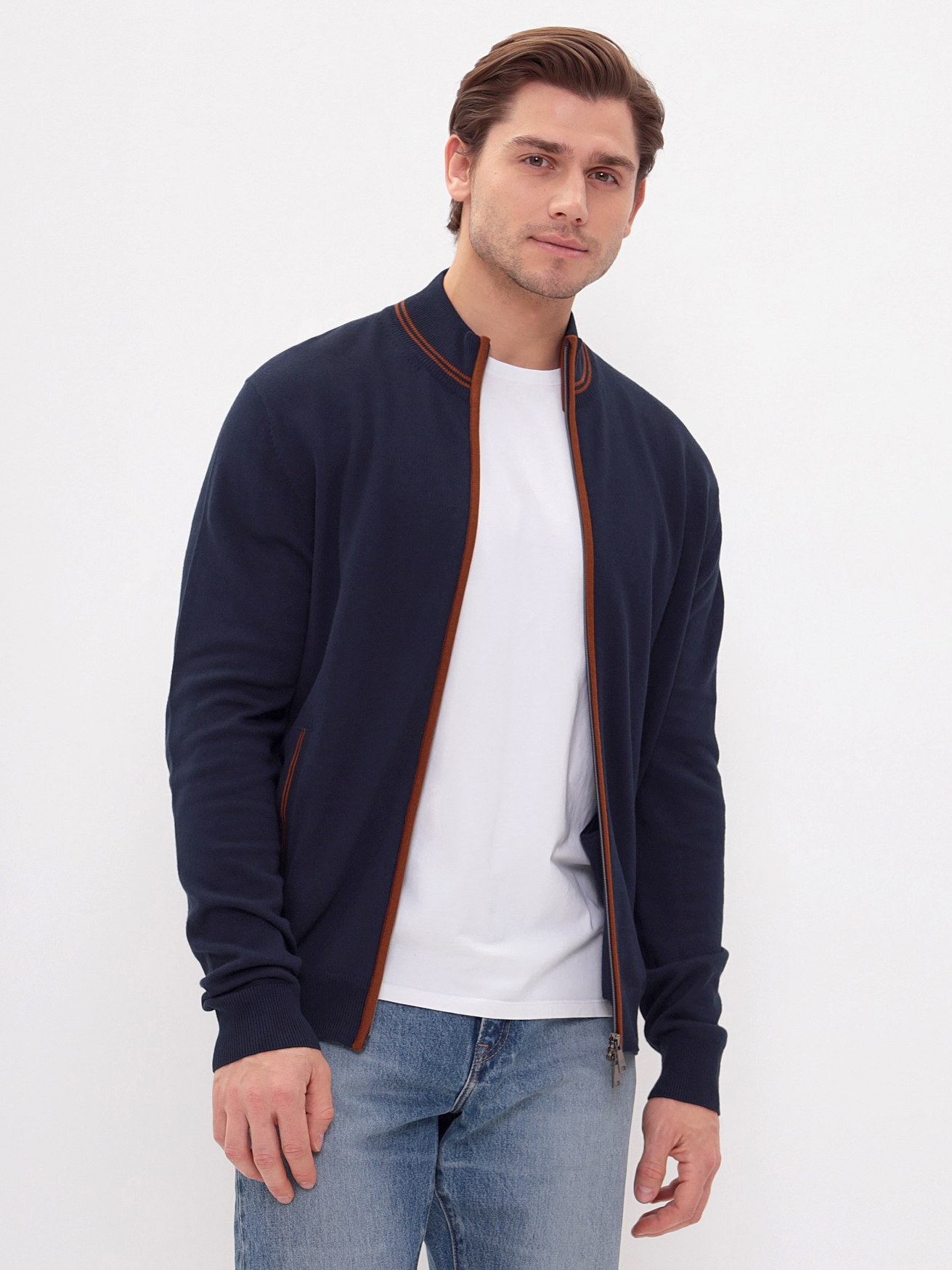 G139-68РС акцент (т.синий/охра) Кардиган мужской