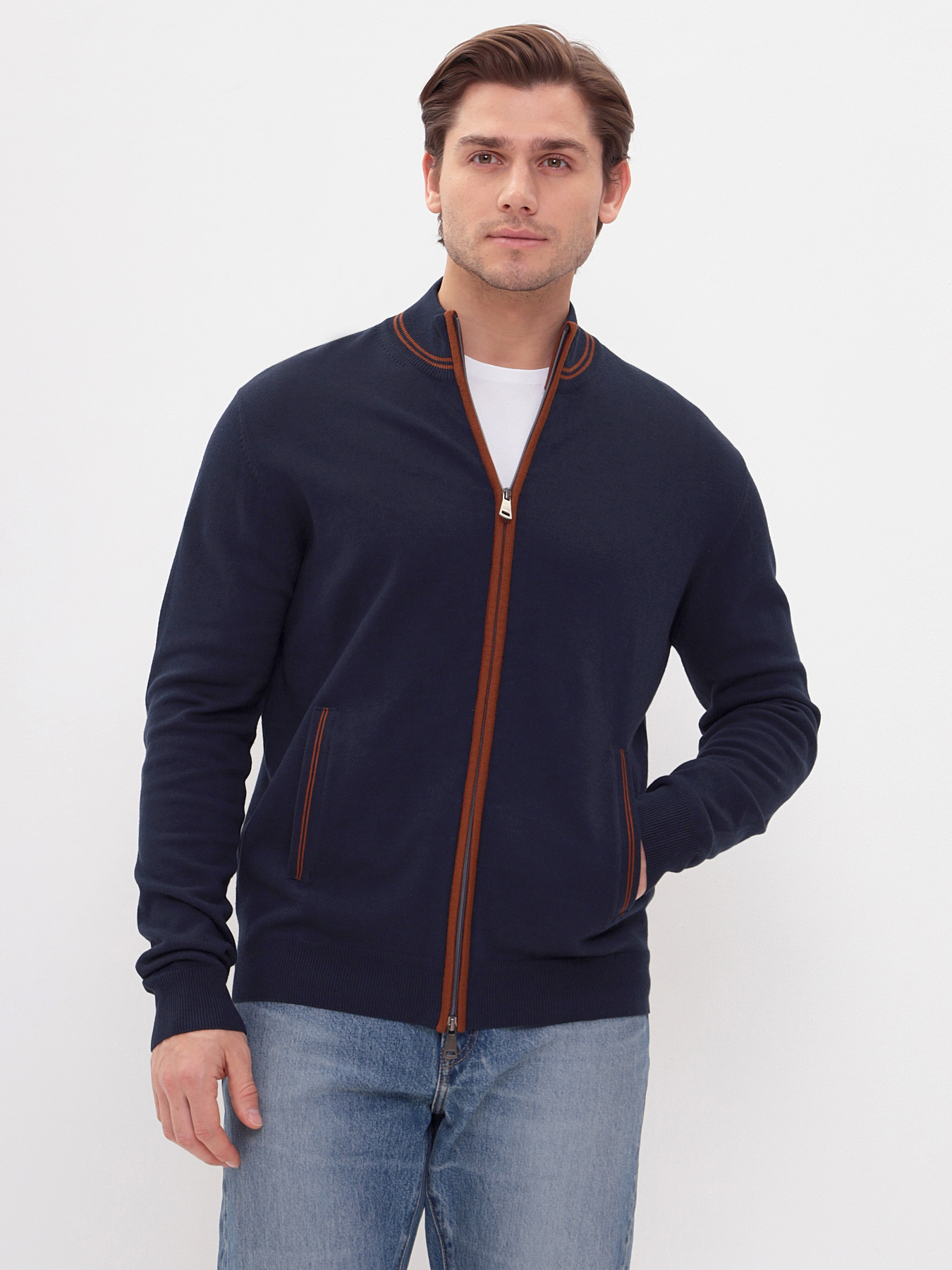 G139-68РС акцент (т.синий/охра) Кардиган мужской