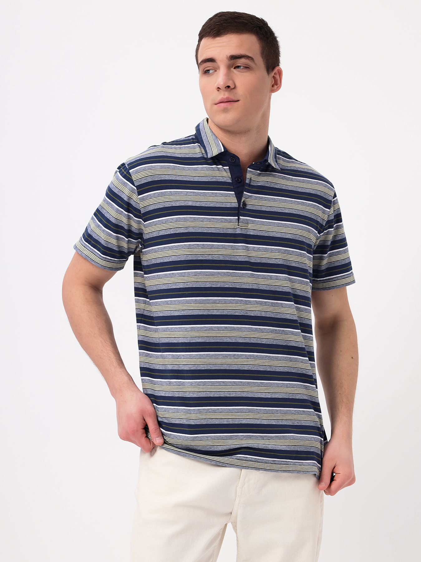 G144-KD1246T-HS050 (сине-зел. полоска) Джемпер мужской с воротником поло короткий рукав