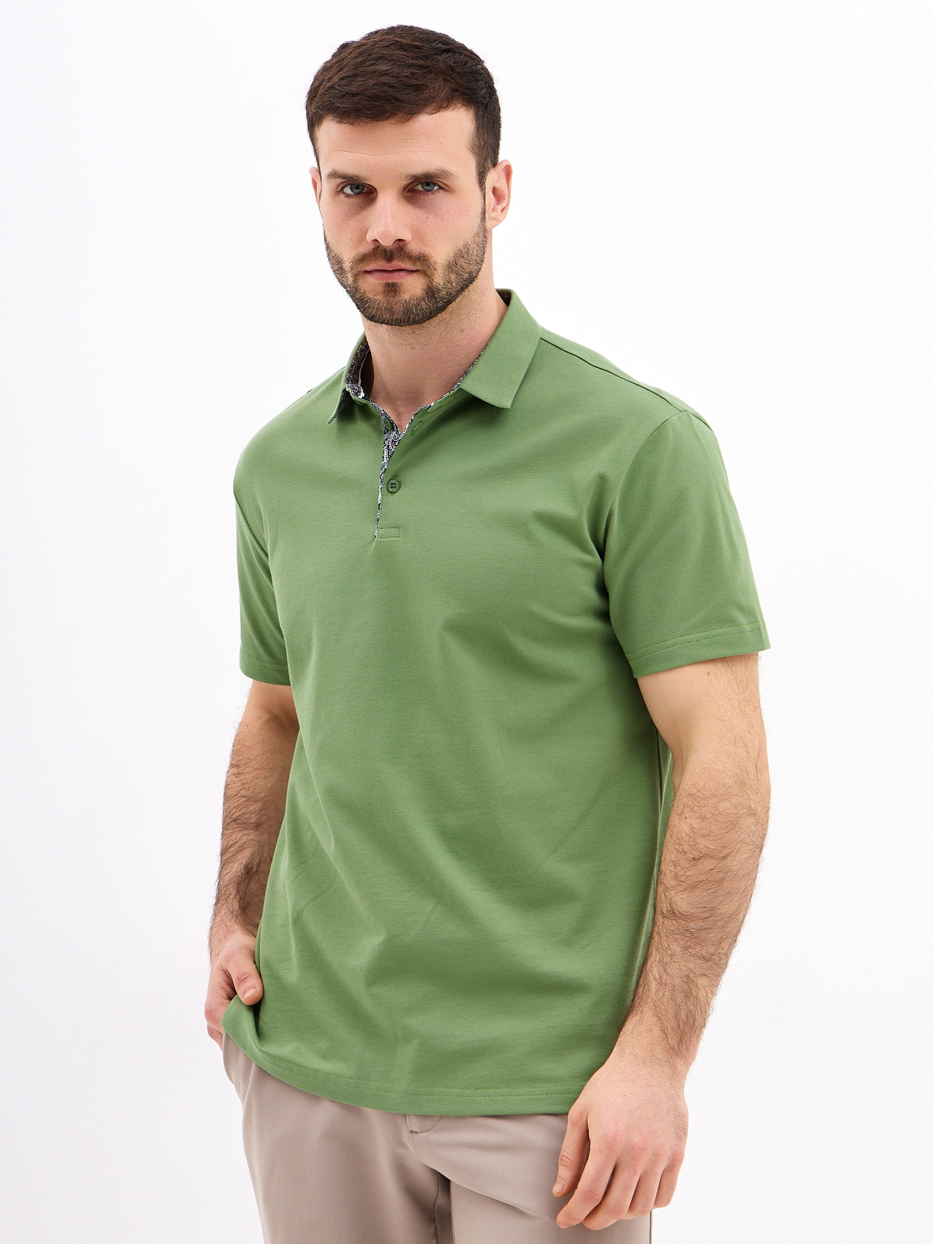 G144-PO1246T-SA2096 (хаки) Джемпер мужской с воротником поло короткий рукав