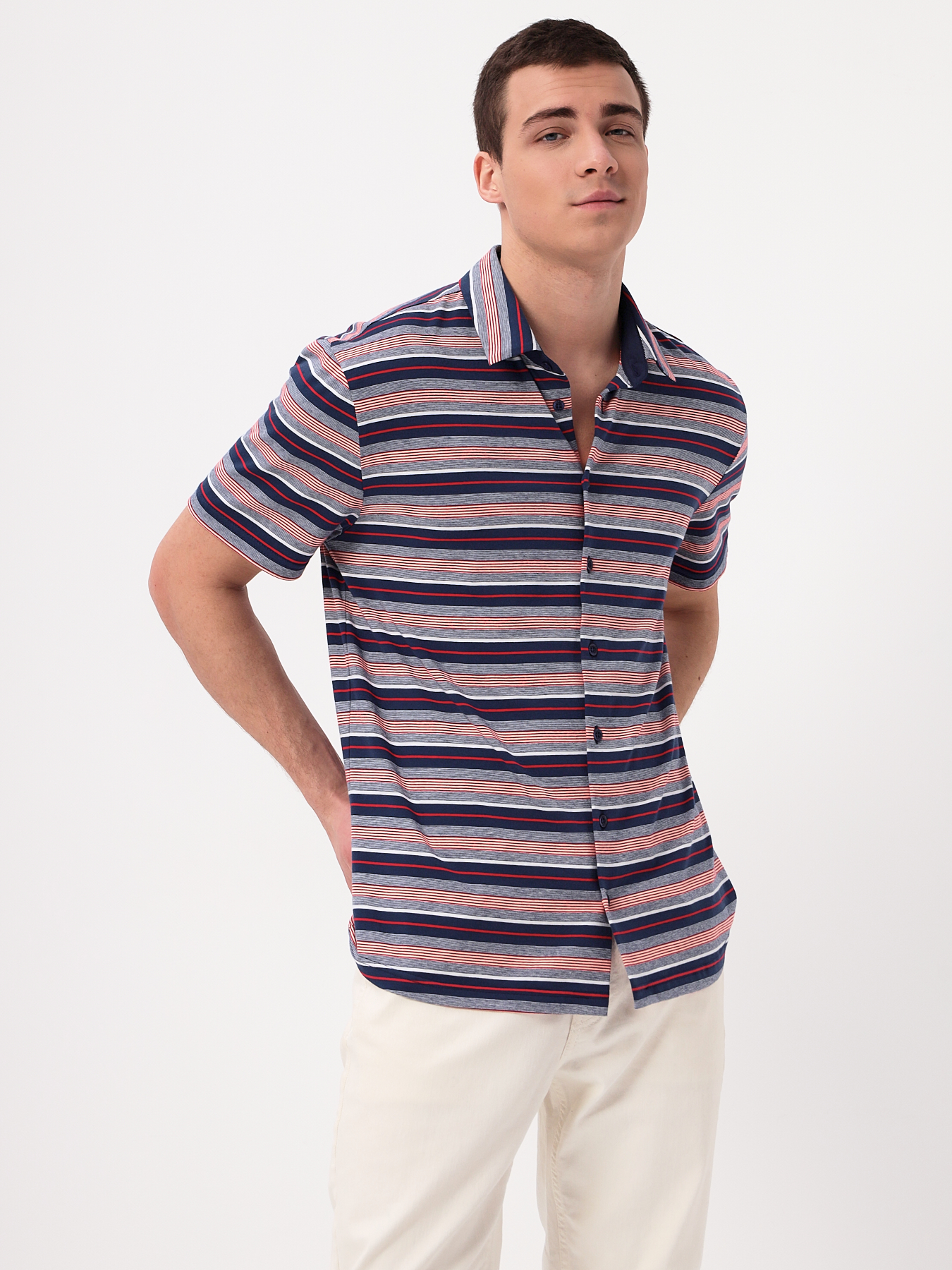 G143-KD1246T-HS050 (сине-кр.полоска) Рубашка трикотажная мужская короткий рукав