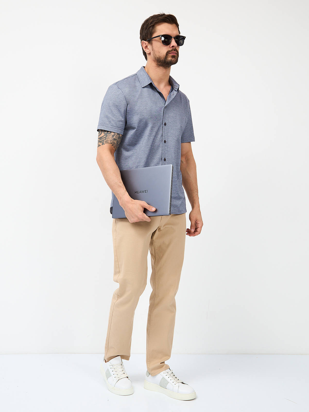 G143-PM-LT1636 (сине-серый) Рубашка трикотажная мужская короткий рукав