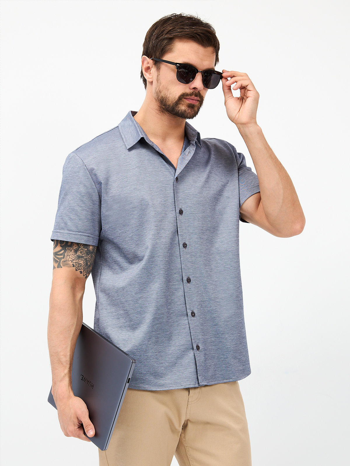 G143-PM-LT1636 (сине-серый) Рубашка трикотажная мужская короткий рукав