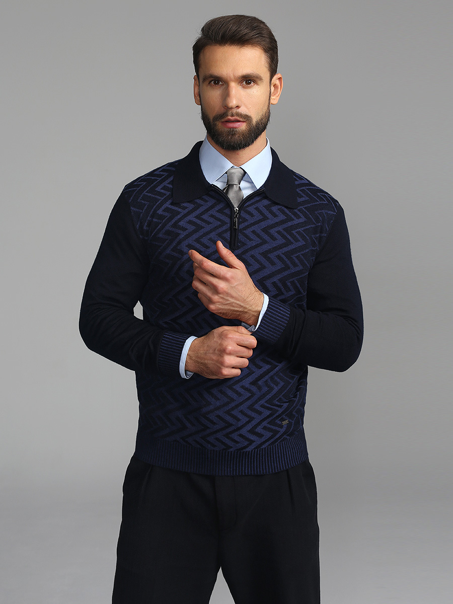 G129-12-зигзаг F (синий) Джемпер мужской с воротником поло