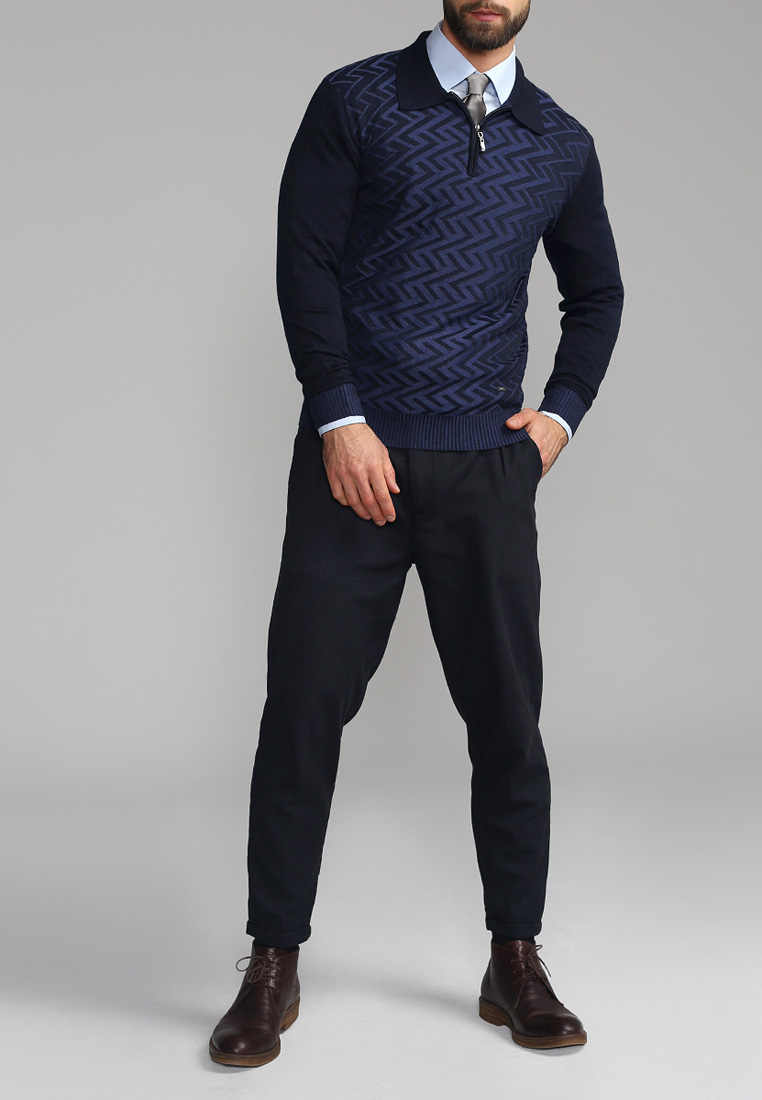 G129-12-зигзаг F (синий) Джемпер мужской с воротником поло