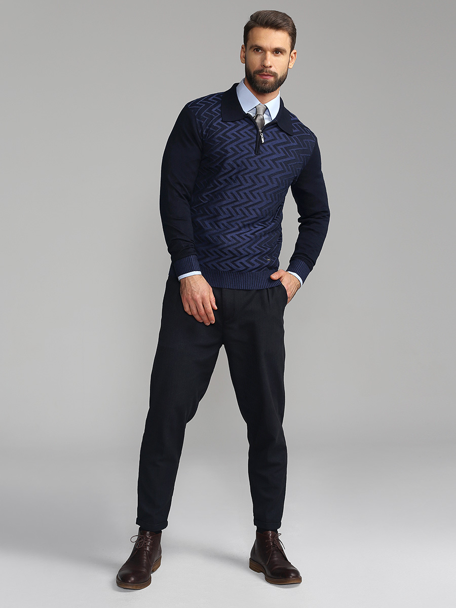 G129-12-зигзаг F (синий) Джемпер мужской с воротником поло