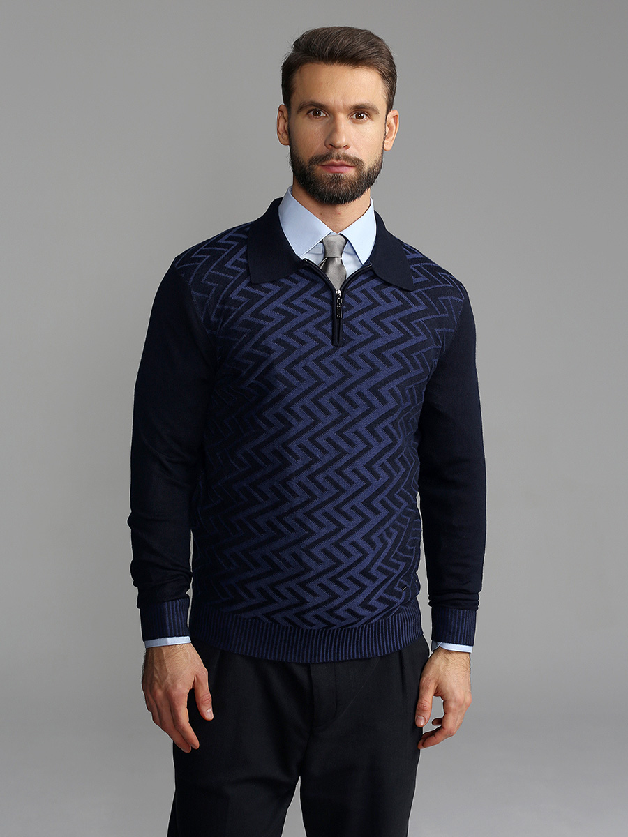 G129-12-зигзаг F (синий) Джемпер мужской с воротником поло