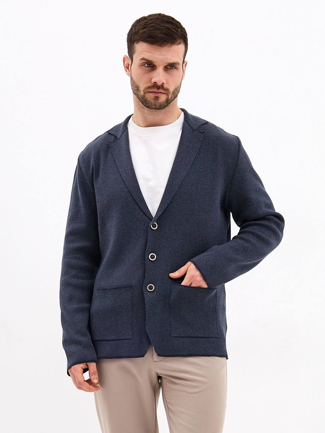 G136-KF- полоса 1*1 (т.синий меланж 630/530) Кардиган мужской