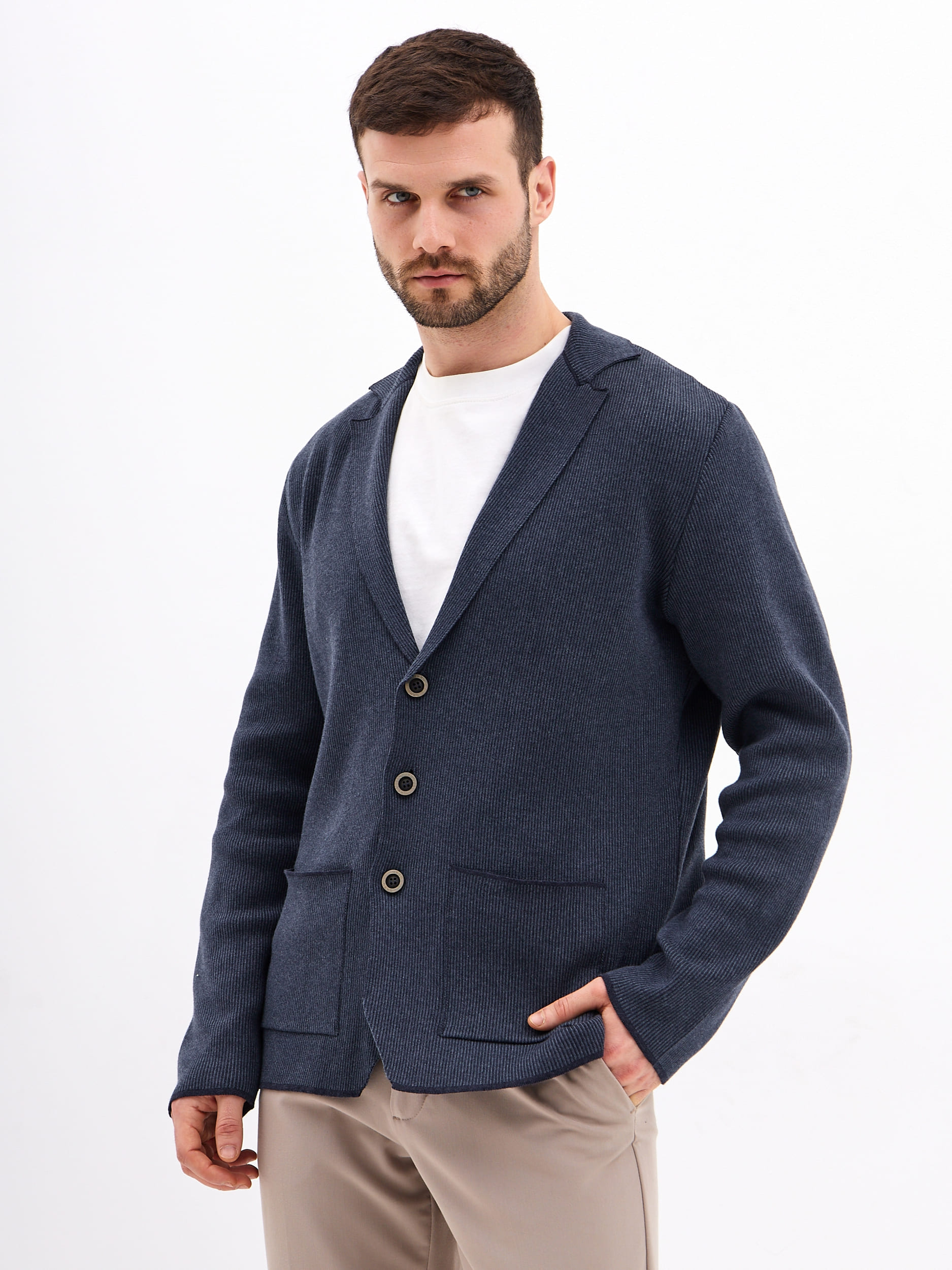 G136-KF- полоса 1*1 (т.синий меланж 630/530) Кардиган мужской