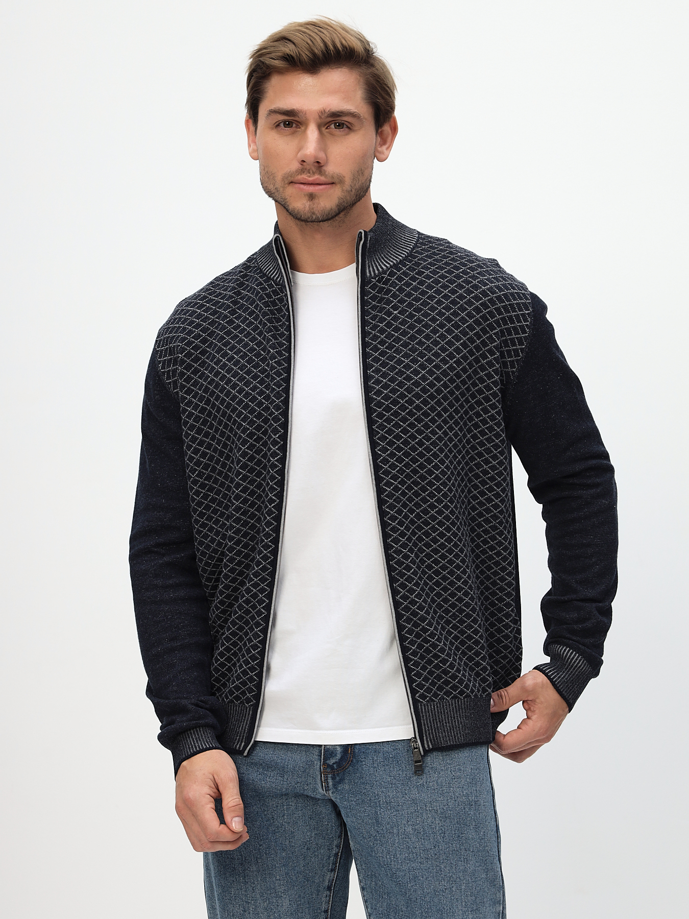 G139-14Р ромб (т.синий/серый) Кардиган мужской